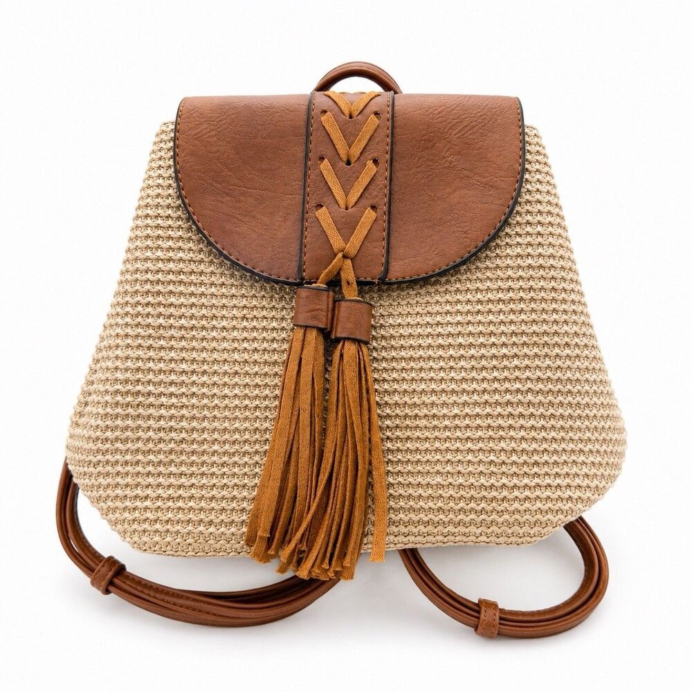 Jen & Co Eleanora Straw Backpack Vegan Leather Large Fringe Tassel Flapover Lace